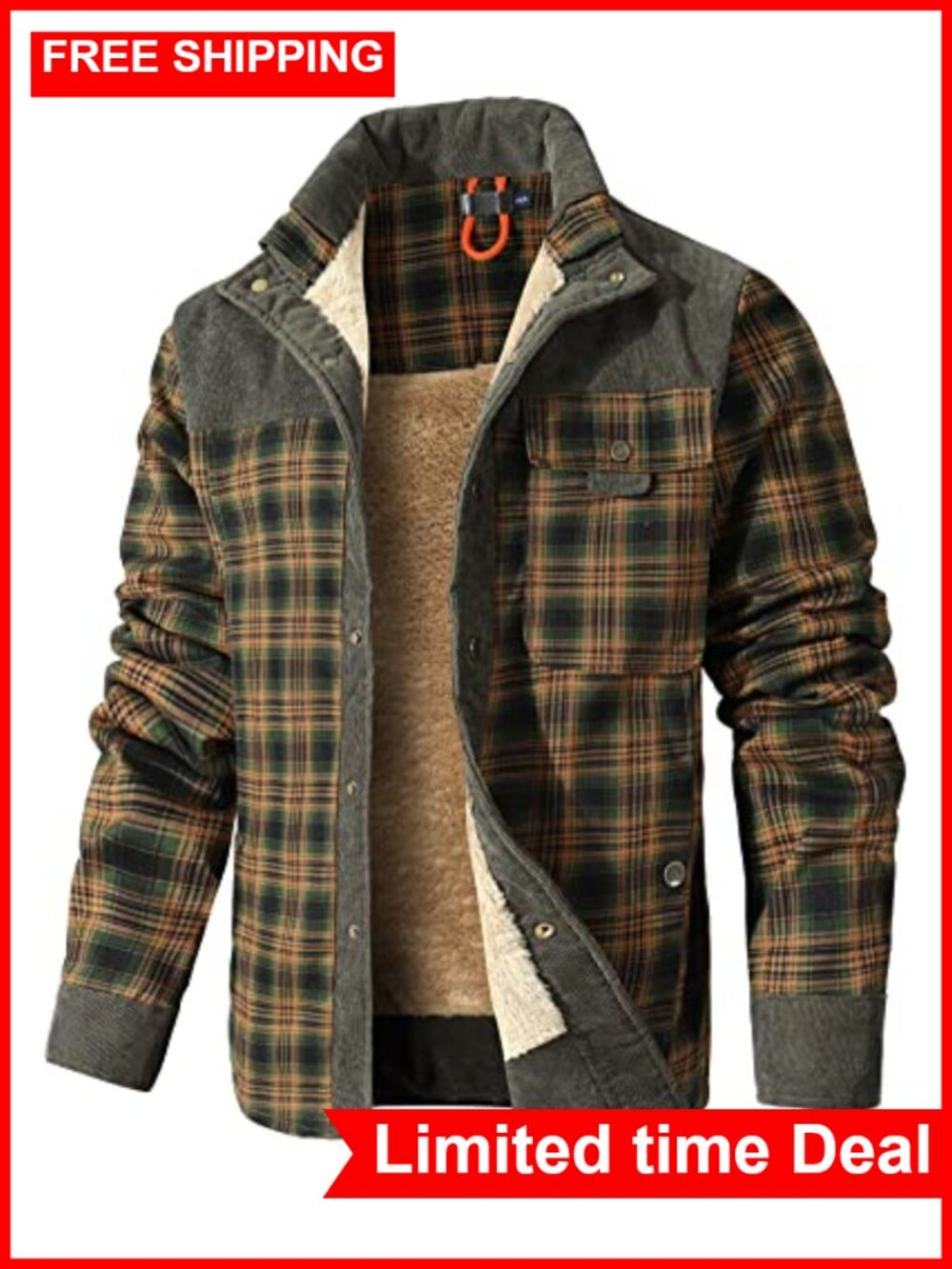Corduroy Plaid Sherpa Lined Flannel Shirt Jacket Fleece Coat